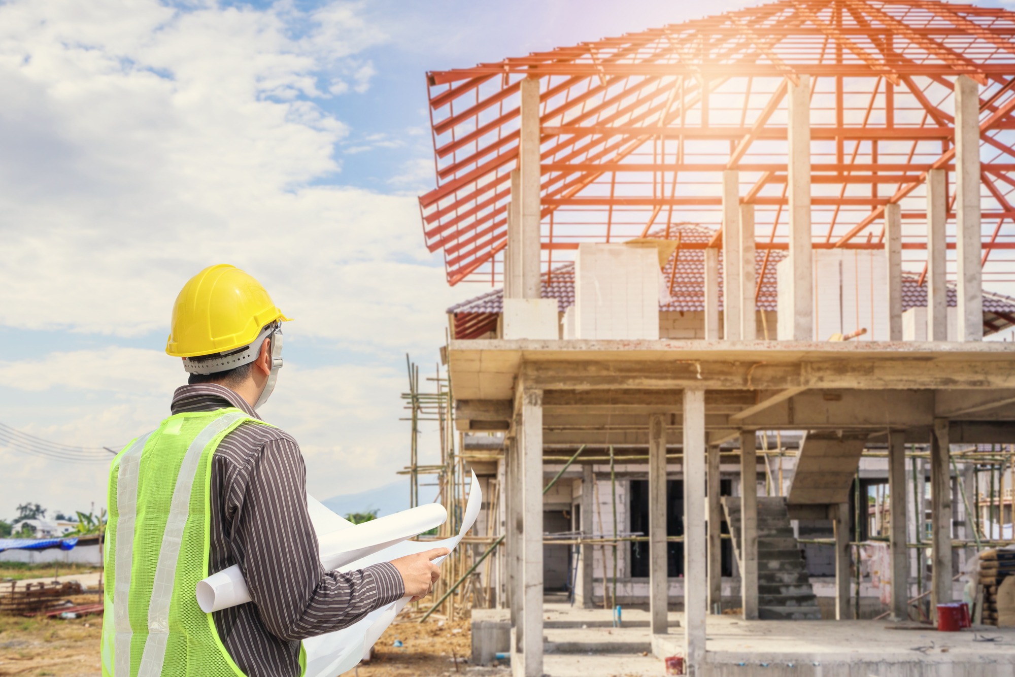 Professional engineer architect worker with protective helmet