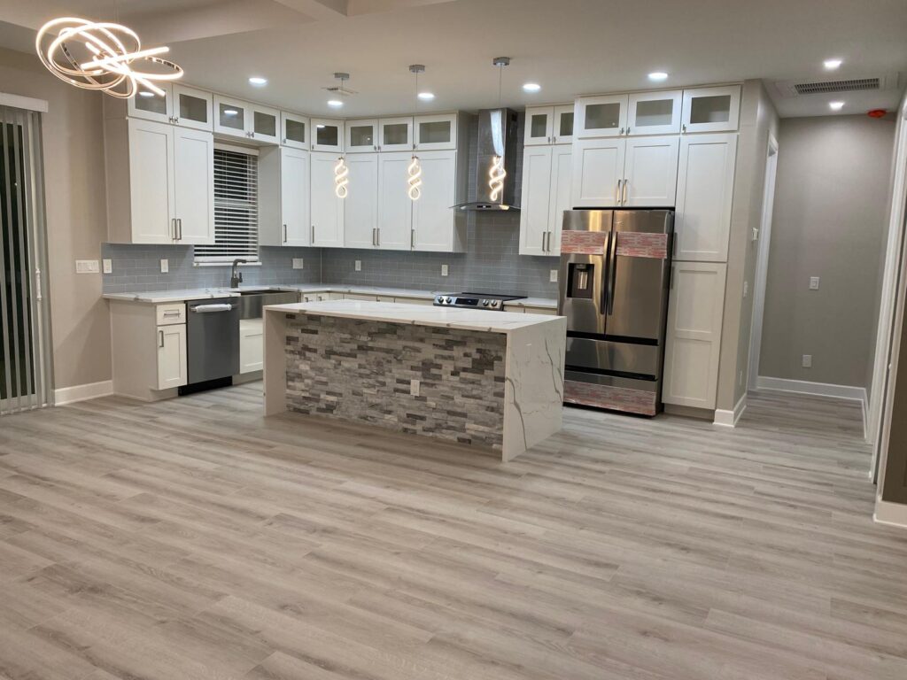 Remodeled kitchen with center island in Southwest Florida home