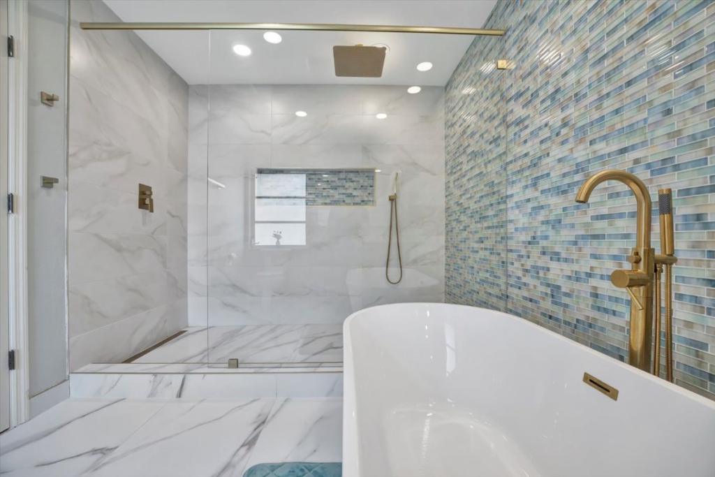 Bathroom remodeling in Southwest Florida with freestanding tub and custom tile shower